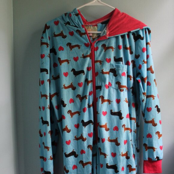 Blue & pink dog onesie, sleeping onesie pajamas. Size ~M - Picture 1 of 5